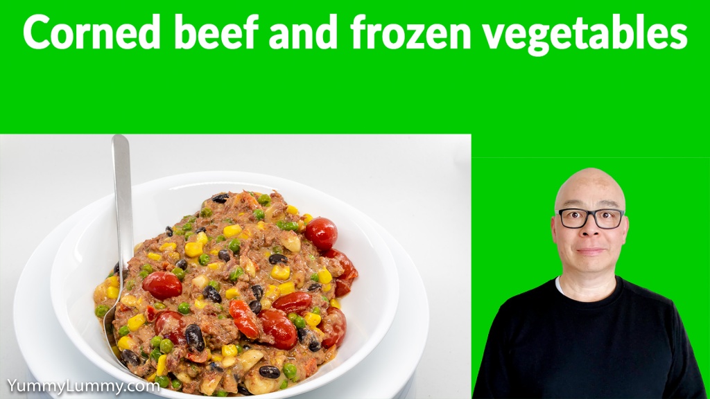 Thumbnail of YouTube video of corned beef and frozen vegetables