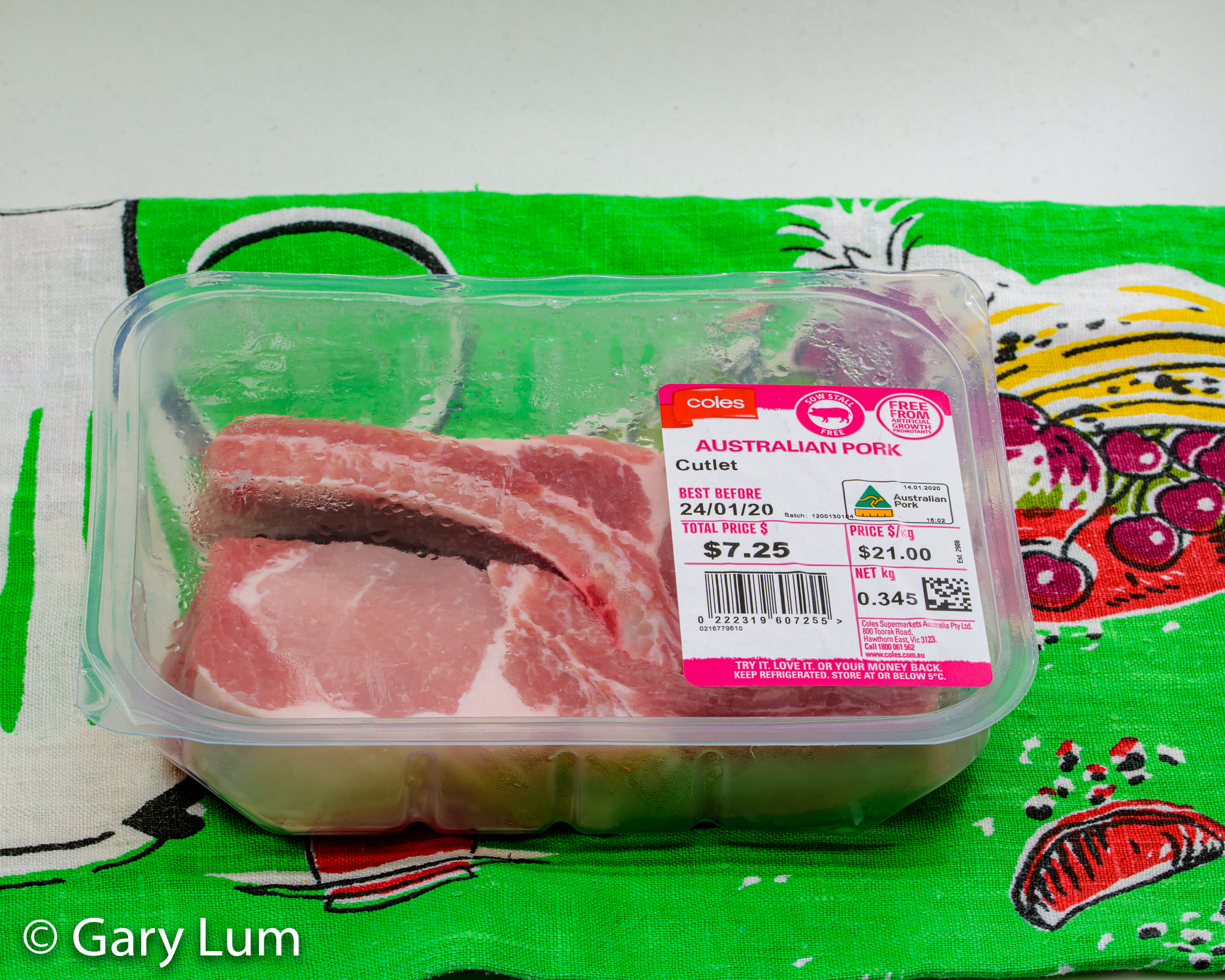 Coles, Australian pork. Pork cutlet wrapped. Gary Lum.