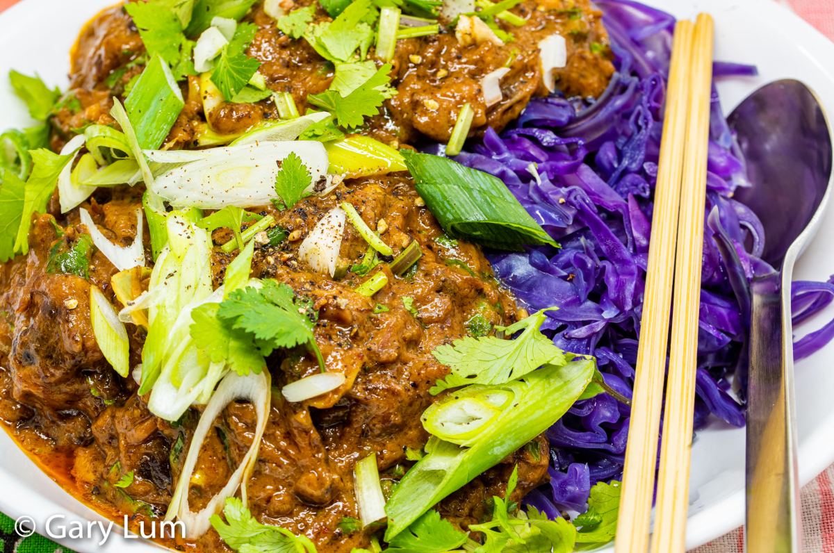 Mayver’s crunchy dark roast peanut paste slow beef Thai red curry with red cabbage