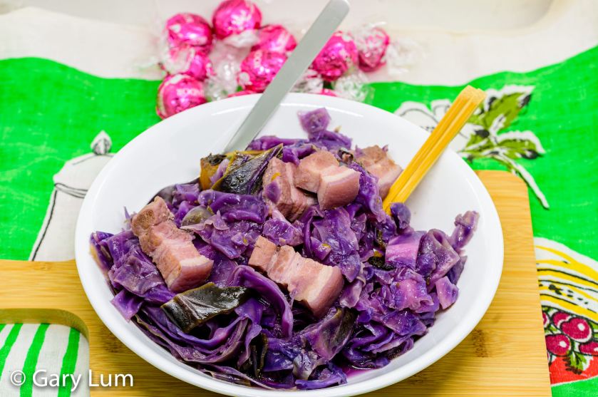 Pressure cooker pork belly and red cabbage with hoisin and black bean sauces.